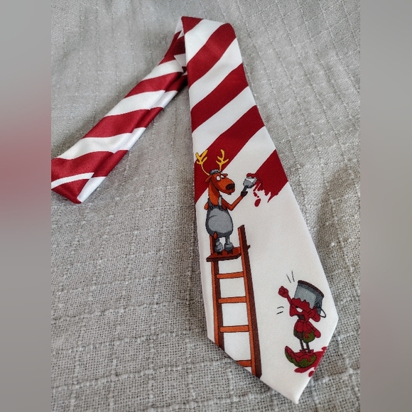 LIKE NEW Funny Elf & Reindeer Christmas or Holiday Tie, Red & White Stripes - Picture 3 of 6